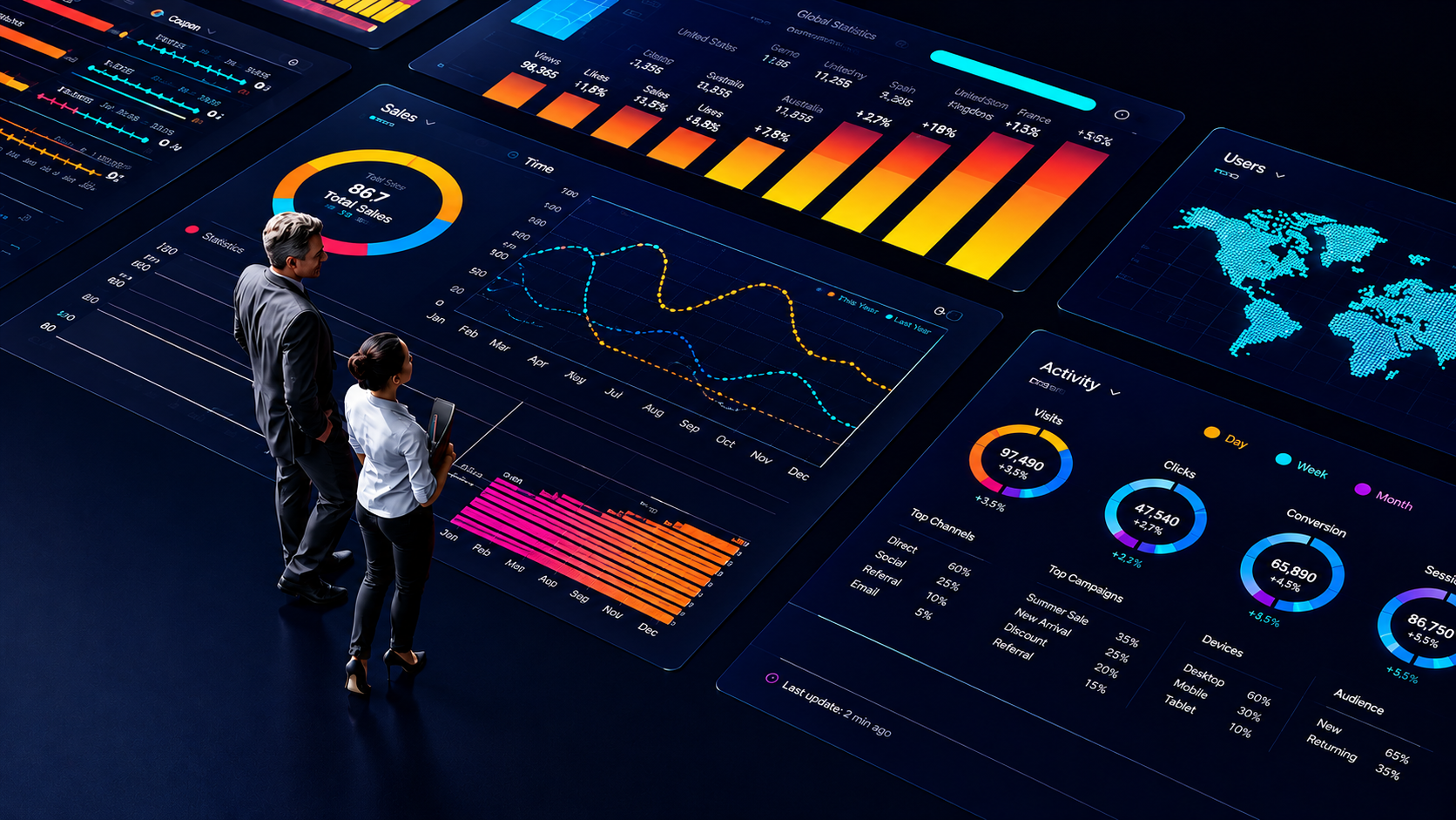 Data analytics dashboard with charts and graphs